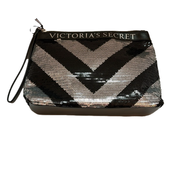 Victoria's Secret Make-up Clutch Chevron Sequin Faux Leather Black Silver OS EUC - Picture 3 of 11